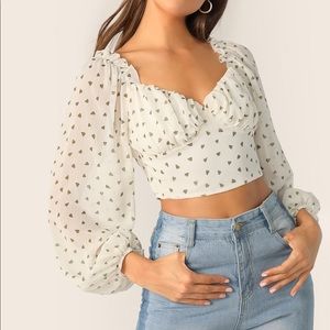 Heart Print Lantern Sleeve Milkmaid Top